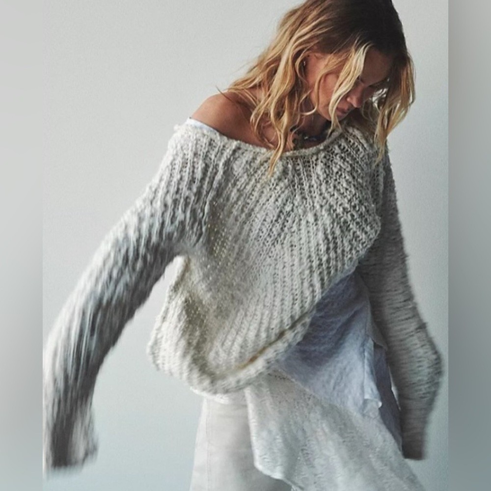 Free People In A Swirl Sweater Small Ivory Slouchy Cropped‎ Pullover Cotton Boho